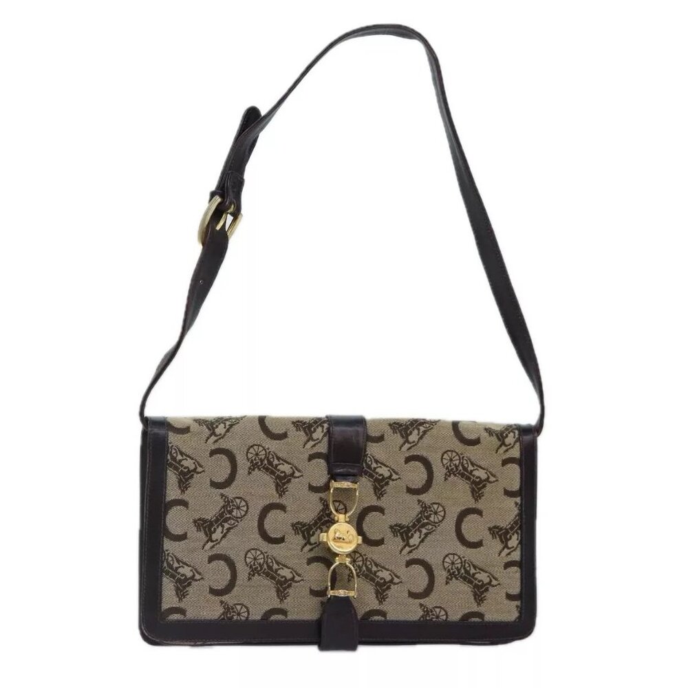 CELINE C Saluki Shoulder Bag Canvas Beige Auth